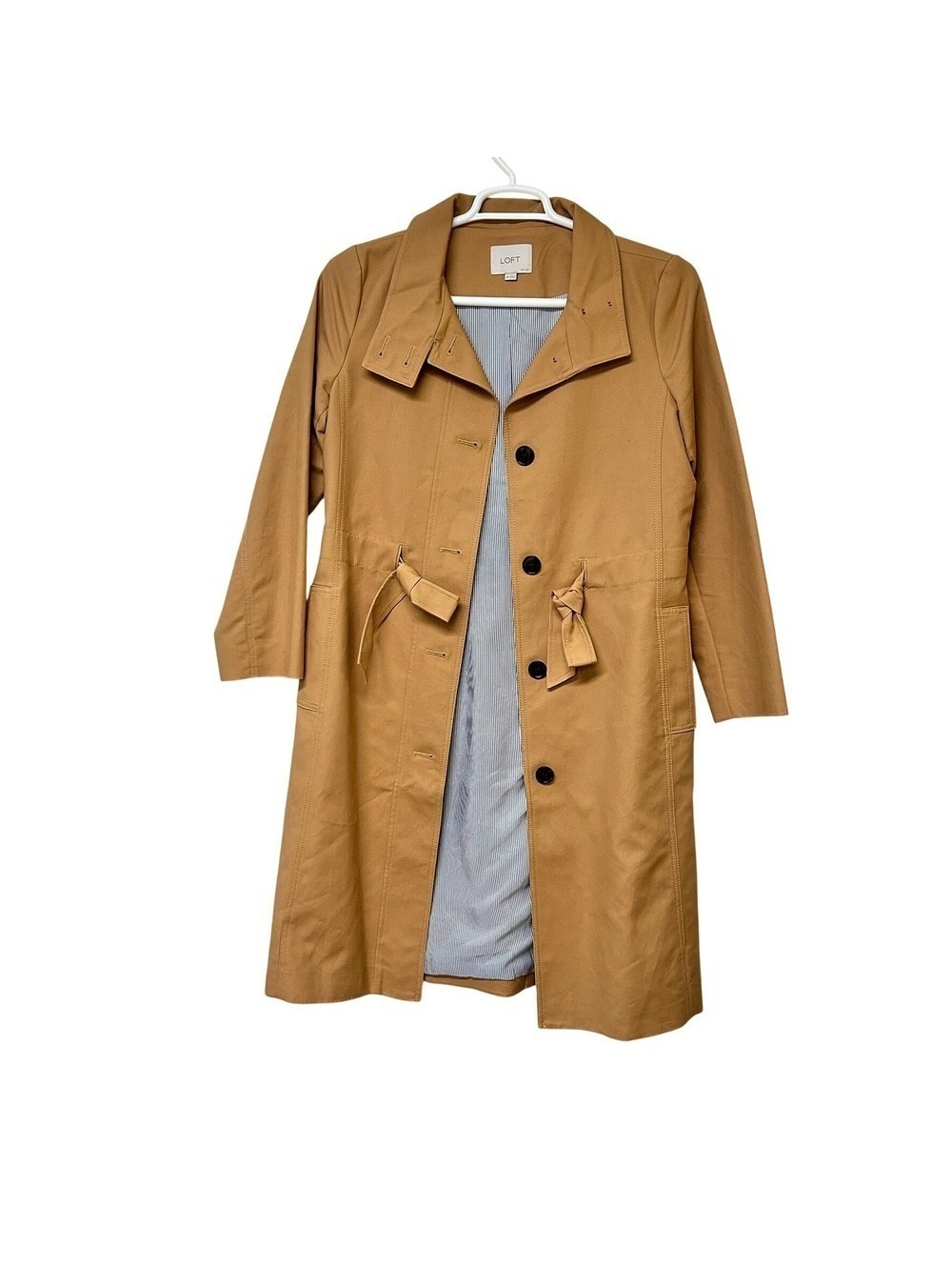 LOFT Women's Camel Tan Cotton Drawstring Waist Trench Coat Petite Size MP - Picture 4 of 9